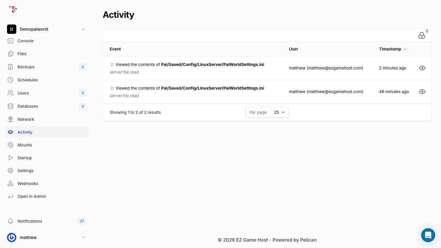 The Activity page listing panel events with user and timestamp