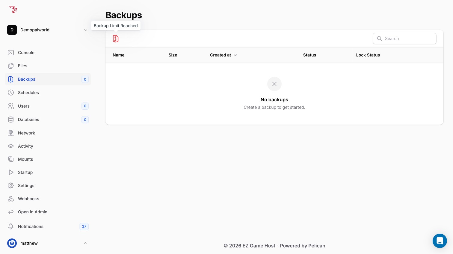 The create-backup button disabled with a "Backup Limit Reached" tooltip