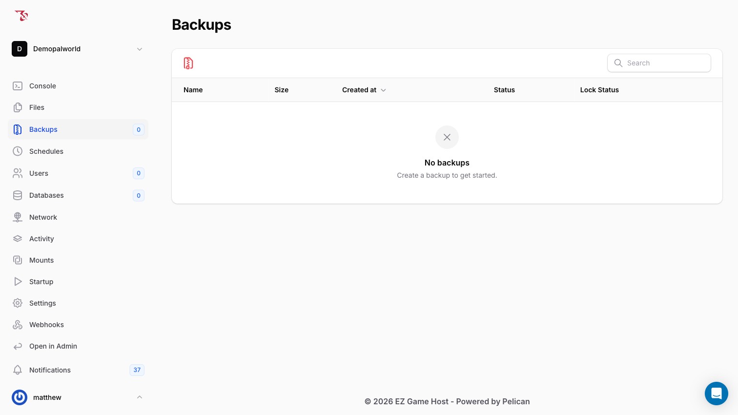 The Backups page