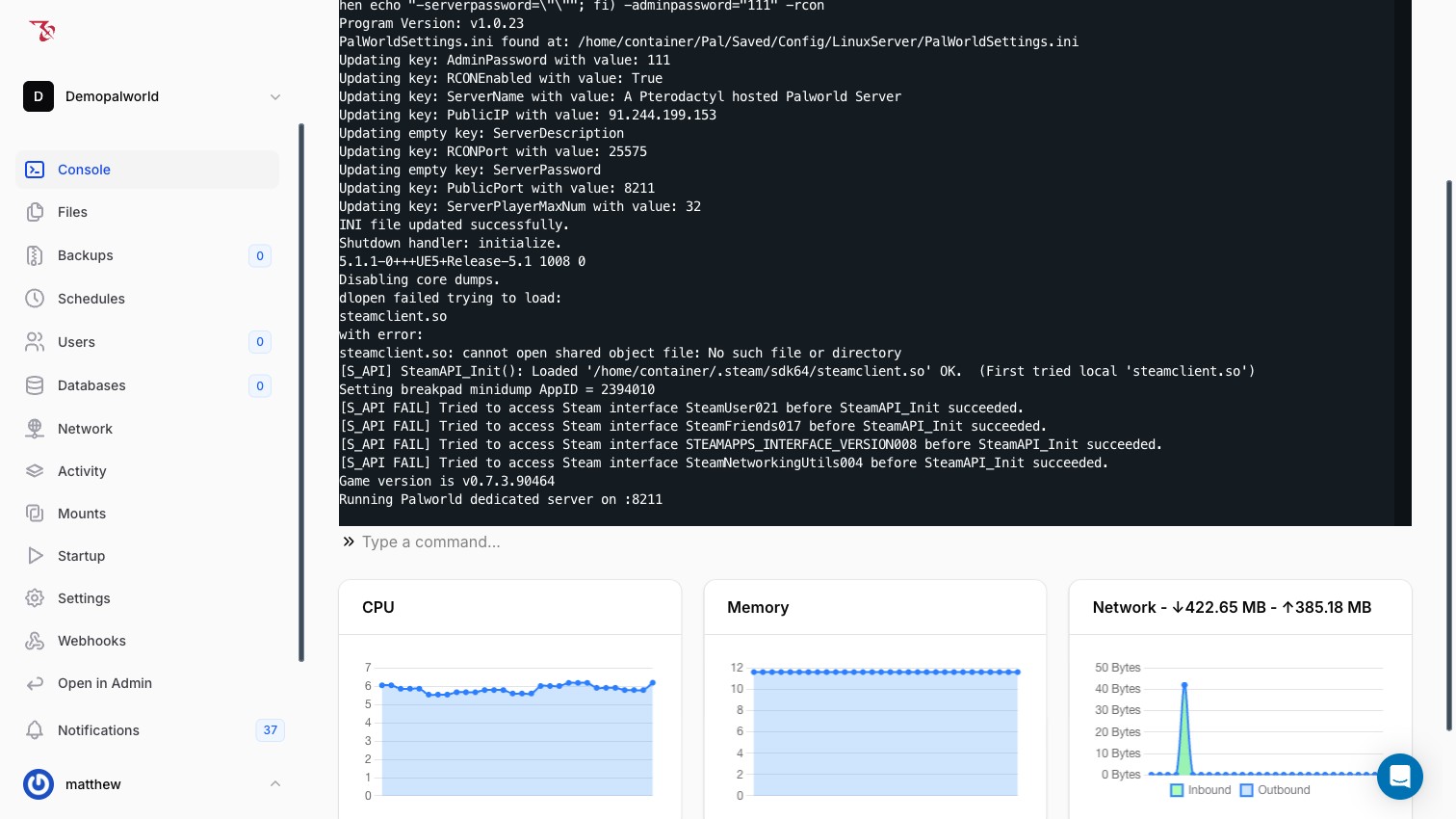 The command input box below the console output