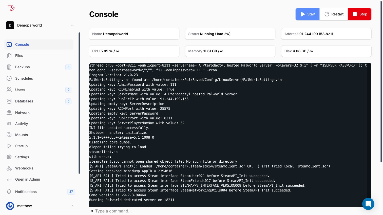 The Console page of the EZ Game Host panel, with the Start, Restart, and Stop buttons at the top right