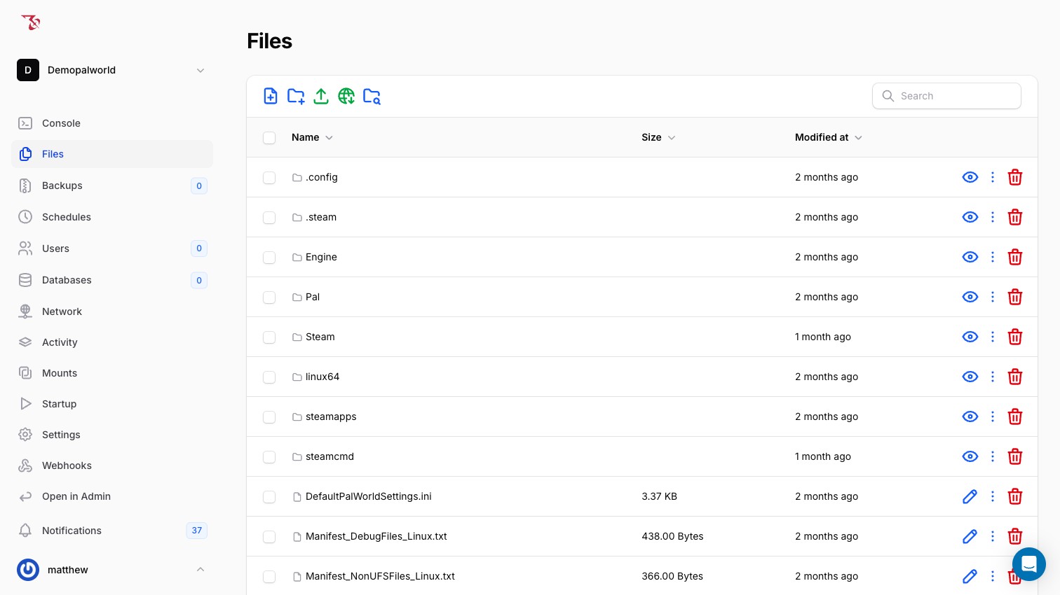 The Files page showing the Palworld server's root directory