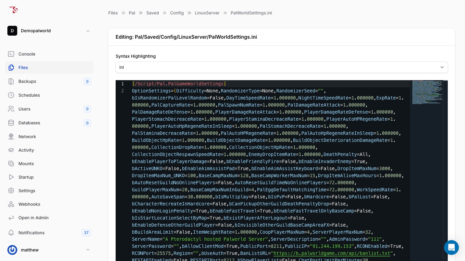 Editing PalWorldSettings.ini in the panel's file editor