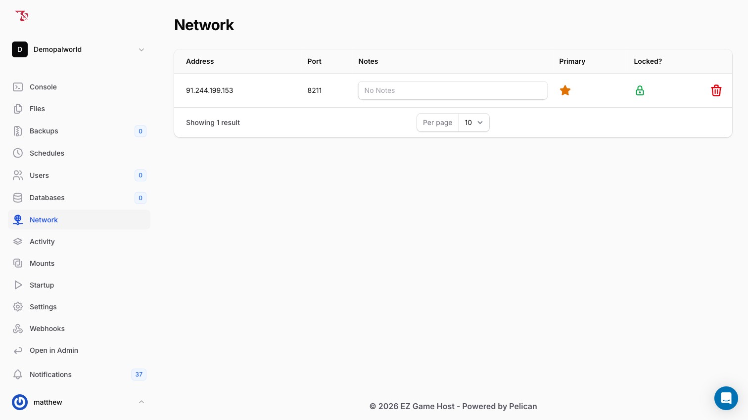 The Network page showing the server's address and port