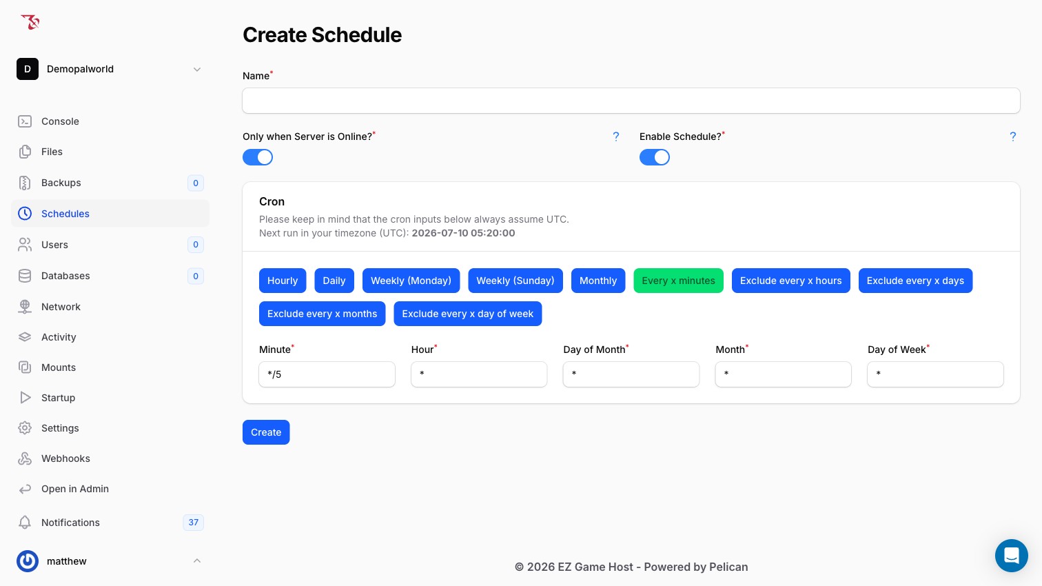 The Create Schedule form with cron presets