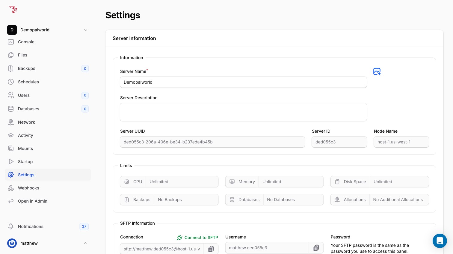 The Settings page showing Server Information