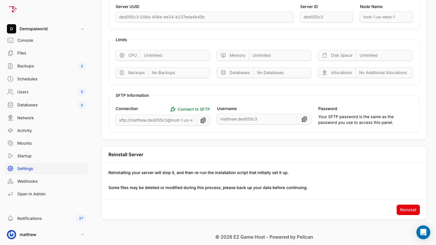 The SFTP Information and Reinstall Server sections of the Settings page