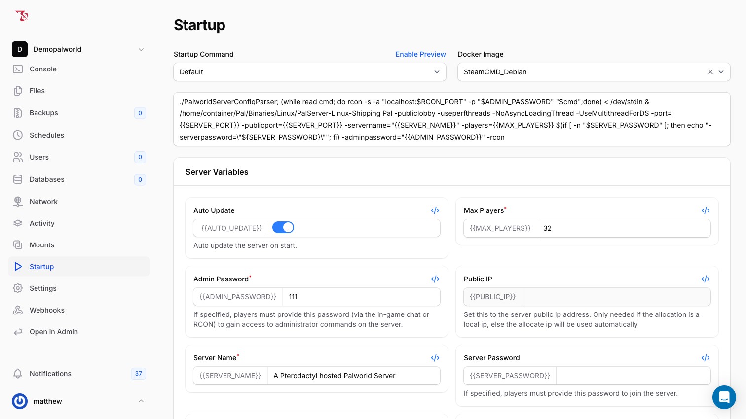 The Startup page with the Server Variables section