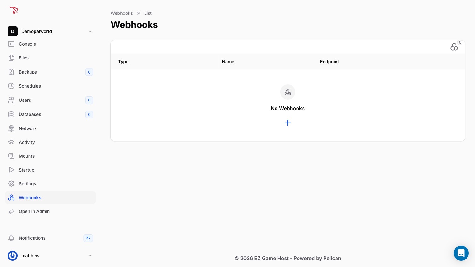 The Webhooks page